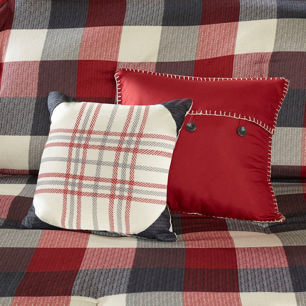 English Elm 7 Ridge Herringbone Comforter Set Queen with Buffalo Plaid Print, Cozy Lodge Texture, Embroidered Decorative Pillows Red 23.62 L x 18.9 W x 15.75 H B03597006