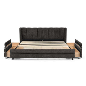 English Elm Queen Chenille Upholstered Storage Bed Wingback Headboard Platform Frame Bedroom Dark Gray W487S00418