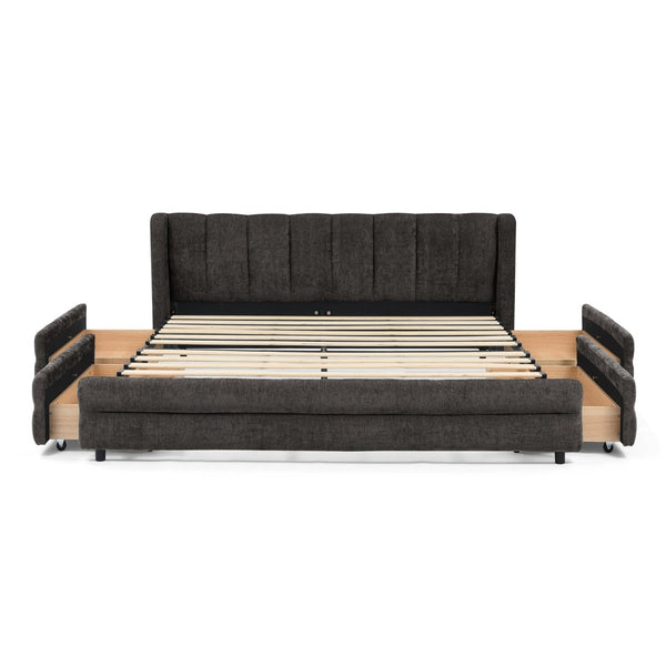 English Elm Queen Chenille Upholstered Storage Bed Wingback Headboard Platform Frame Bedroom Dark Gray W487S00418