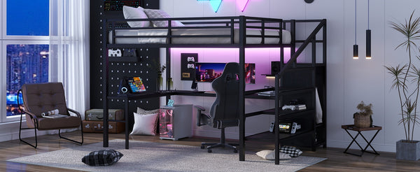 English Elm Twin Xl Metal Loft Bed with Stair Storage Shelves Sturdy Steel Frame for Dorms W1580S00545