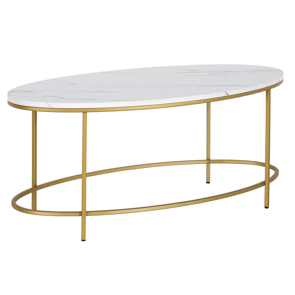 Homeroots 42" White And Gold Faux Marble And Steel Oval Coffee Table   521612