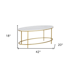 Homeroots 42" White And Gold Faux Marble And Steel Oval Coffee Table   521612