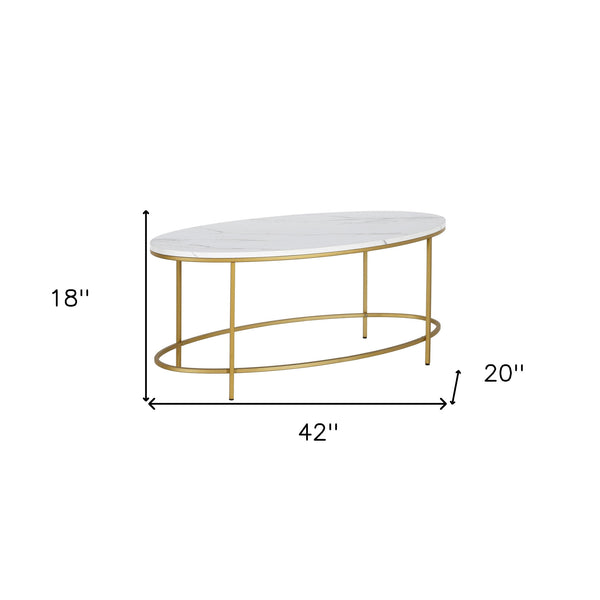 Homeroots 42" White And Gold Faux Marble And Steel Oval Coffee Table   521612