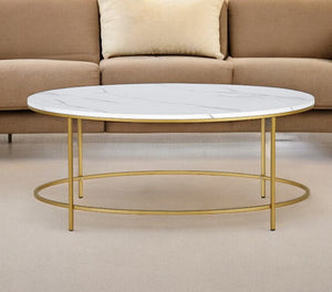 Homeroots 42" White And Gold Faux Marble And Steel Oval Coffee Table   521612