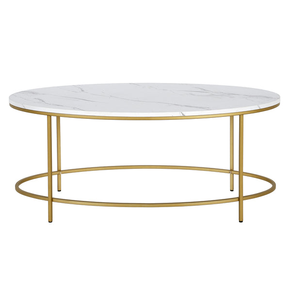 Homeroots 42" White And Gold Faux Marble And Steel Oval Coffee Table   521612