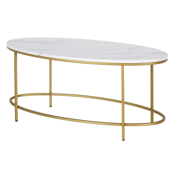 Homeroots 42" White And Gold Faux Marble And Steel Oval Coffee Table   521612