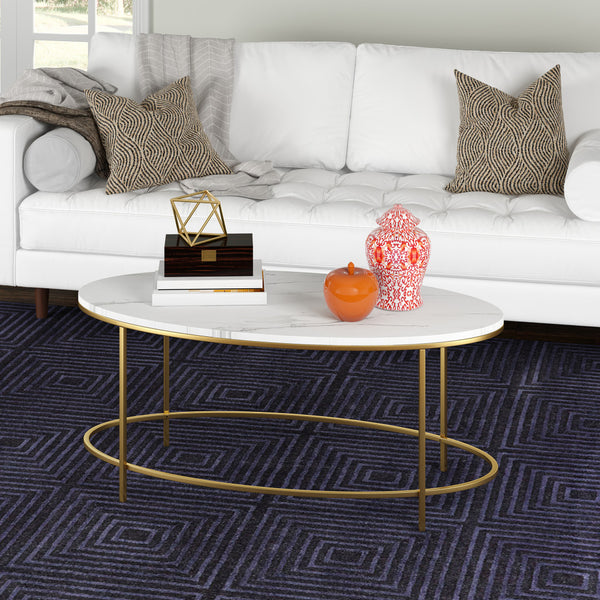 Homeroots 42" White And Gold Faux Marble And Steel Oval Coffee Table   521612