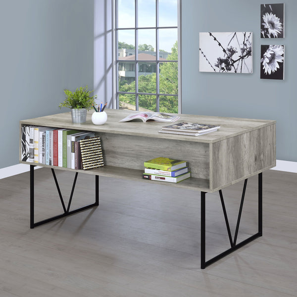 English Elm 1pc Rustic Industrial 63-inch 4-Drawer Writing Desk with Open Shelf, Wood Grain Top and Black Metal Legs Driftwood,Gray 74.21 L x 32.28 W x 6.5 H B011P362070