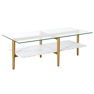 Homeroots 47" White And Gold Glass And Steel Coffee Table With Shelf   521622