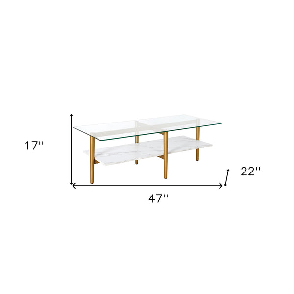 Homeroots 47" White And Gold Glass And Steel Coffee Table With Shelf   521622