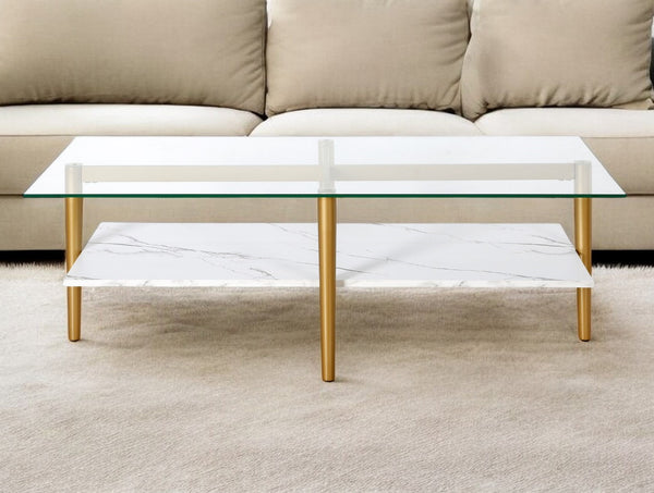 Homeroots 47" White And Gold Glass And Steel Coffee Table With Shelf   521622