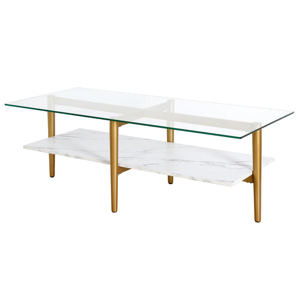 Homeroots 47" White And Gold Glass And Steel Coffee Table With Shelf   521622