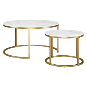 Homeroots Set Of Two 35" White And Gold Faux Marble And Steel Round Nested Coffee Tables   521625