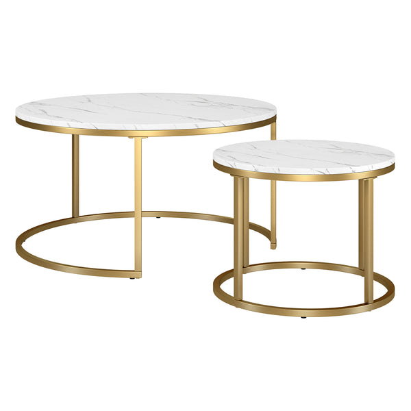Homeroots Set Of Two 35" White And Gold Faux Marble And Steel Round Nested Coffee Tables   521625