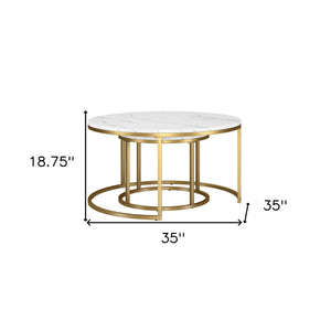 Homeroots Set Of Two 35" White And Gold Faux Marble And Steel Round Nested Coffee Tables   521625