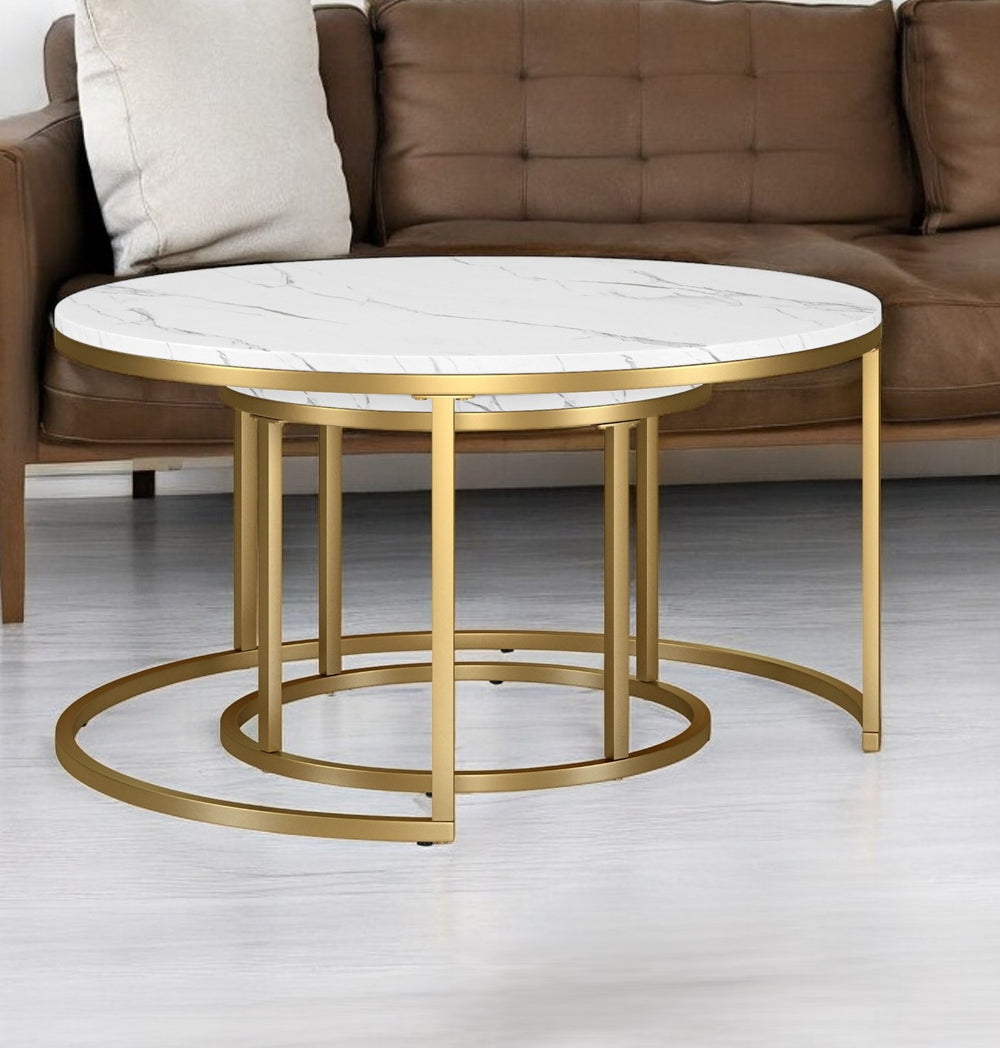 Homeroots Set Of Two 35" White And Gold Faux Marble And Steel Round Nested Coffee Tables   521625