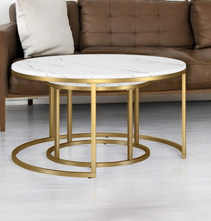 Homeroots Set Of Two 35" White And Gold Faux Marble And Steel Round Nested Coffee Tables   521625