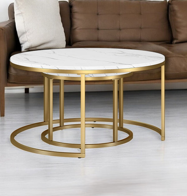 Homeroots Set Of Two 35" White And Gold Faux Marble And Steel Round Nested Coffee Tables   521625