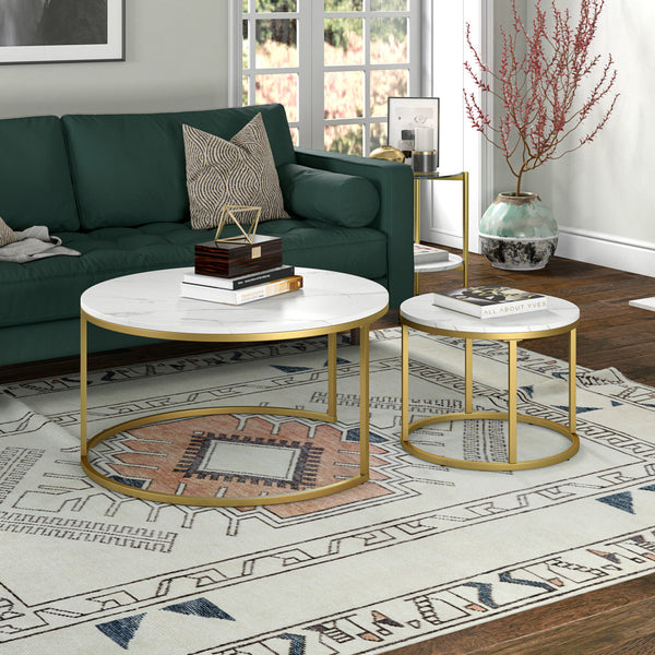 Homeroots Set Of Two 35" White And Gold Faux Marble And Steel Round Nested Coffee Tables   521625