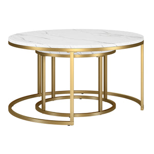 Homeroots Set Of Two 35" White And Gold Faux Marble And Steel Round Nested Coffee Tables   521625