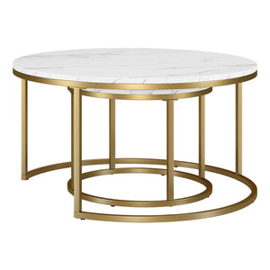 Homeroots Set Of Two 35" White And Gold Faux Marble And Steel Round Nested Coffee Tables   521625