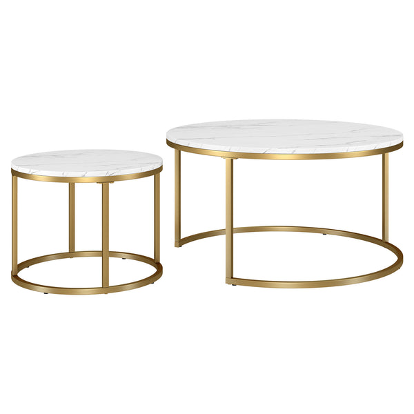 Homeroots Set Of Two 35" White And Gold Faux Marble And Steel Round Nested Coffee Tables   521625