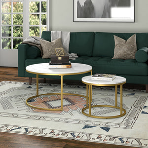 Homeroots Set Of Two 35" White And Gold Faux Marble And Steel Round Nested Coffee Tables   521625