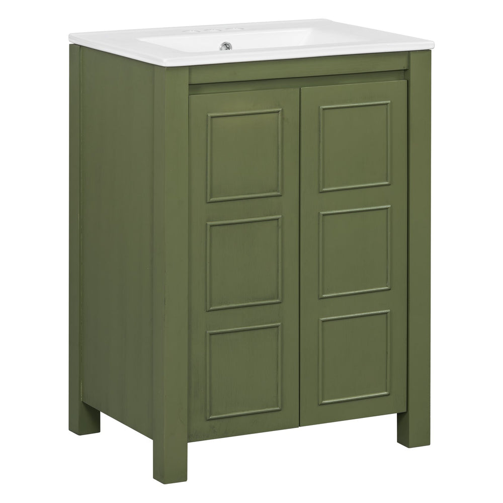 English Elm 24" Vintage Style Small Bathroom Vanity Olive Green with Ceramic Sink, Soft-Close Doors, Shelf (95) N729P292015F