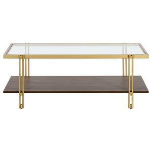 Homeroots 45" Brown And Gold Glass And Steel Coffee Table With Shelf   521631