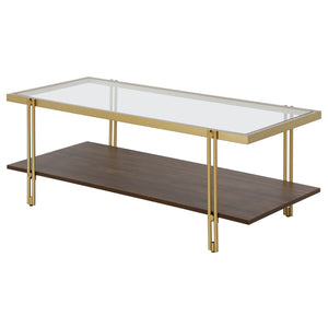Homeroots 45" Brown And Gold Glass And Steel Coffee Table With Shelf   521631