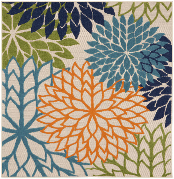 Homeroots 5' Blue And Green Square Floral Power Loom Stain Resistant Area Rug  Polypropylene 521637