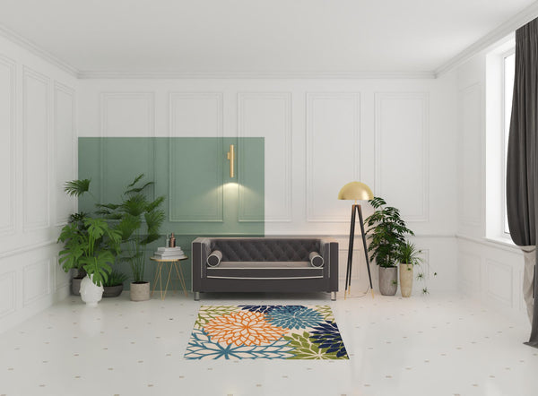 Homeroots 5' Blue And Green Square Floral Power Loom Stain Resistant Area Rug  Polypropylene 521637