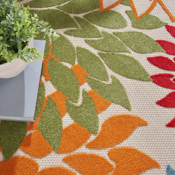 HomeRoots 10' Tropical-Inspired Round Area Rug in Vibrant Green, Orange & Red - Durable for Indoor/Outdoor Use 521644