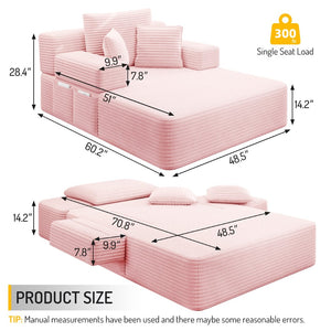 English Elm Luxurious Corduroy Frameless Chaise with Sleeper Conversion Foam Cushioning and Storage Pocket Baby Pink W3219P459763