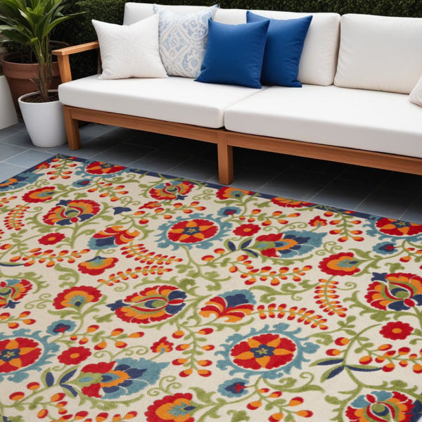 HomeRoots 12' Indoor Outdoor Area Rug - Durable Transitional Floral Design in Ivory, Blue & Orange, Easy Care 521656