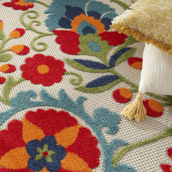 HomeRoots 12' Indoor Outdoor Area Rug - Durable Transitional Floral Design in Ivory, Blue & Orange, Easy Care 521656