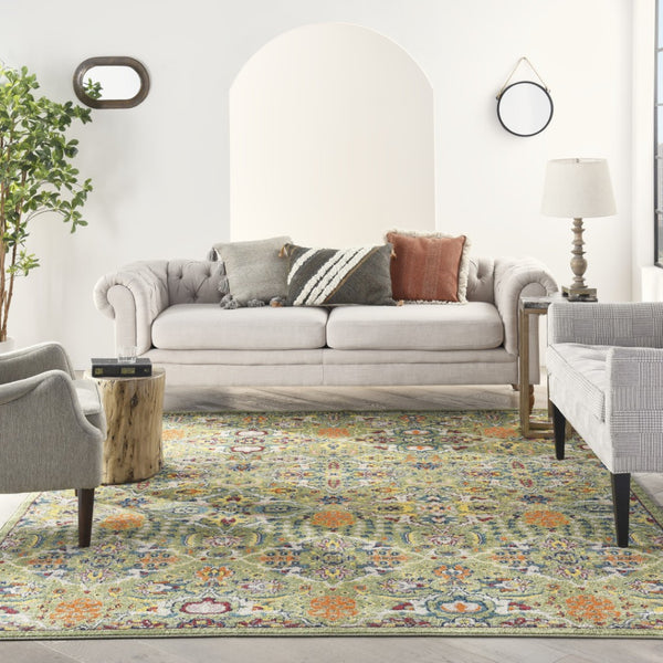 HomeRoots 7' Green Floral Power Loom Area Rug - Soft, Durable, Bohemian Design for Effortless Style & Comfort 7' X 10' Rectangle 521659