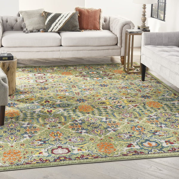 HomeRoots 7' Green Floral Power Loom Area Rug - Soft, Durable, Bohemian Design for Effortless Style & Comfort 8' X 10' Rectangle 521663