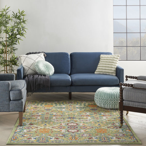 HomeRoots 7' Green Floral Power Loom Area Rug - Soft, Durable, Bohemian Design for Effortless Style & Comfort 6' X 9' Rectangle 521664