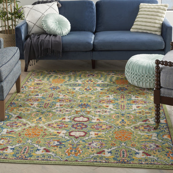 HomeRoots 7' Green Floral Power Loom Area Rug - Soft, Durable, Bohemian Design for Effortless Style & Comfort 5' X 7' Rectangle 521665