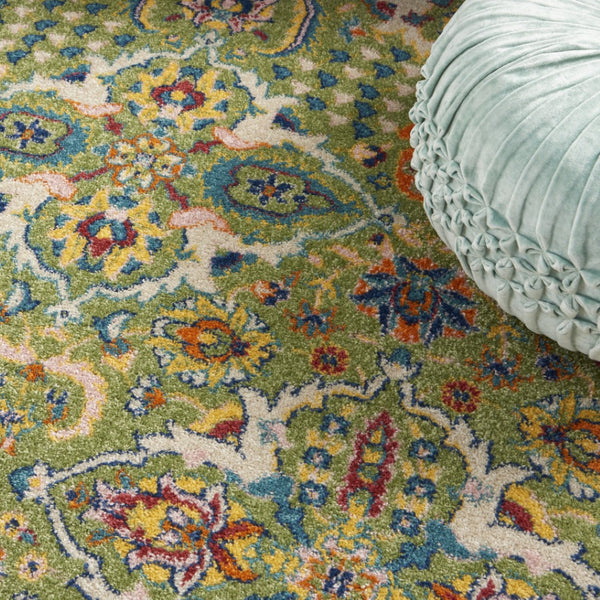 HomeRoots 7' Green Floral Power Loom Area Rug - Soft, Durable, Bohemian Design for Effortless Style & Comfort 5' X 7' Rectangle 521665