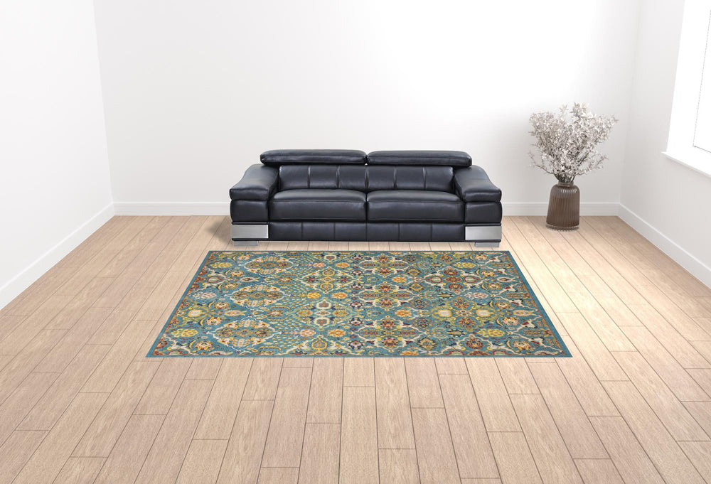 Homeroots 9' X 12' Teal And Gold Floral Power Loom Area Rug  Polypropylene 521666