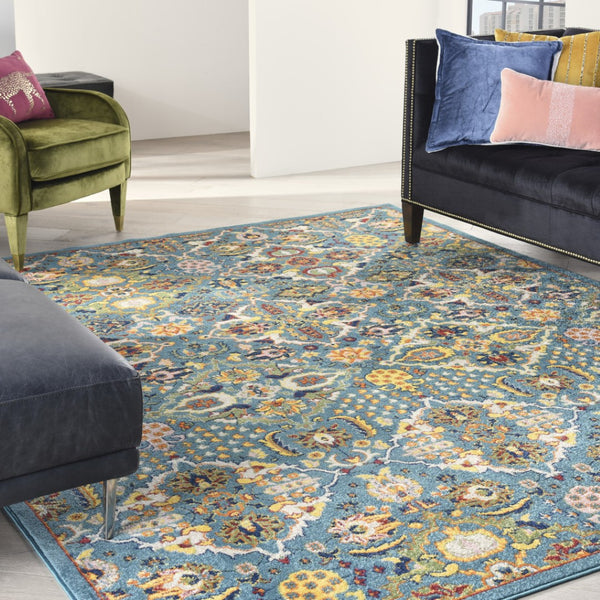 HomeRoots 9' Teal and Gold Floral Power Loom Area Rug - Vibrant, Low-Profile Design Perfect for Any Room 9' X 12' Rectangle 521666