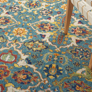 HomeRoots 9' Teal and Gold Floral Power Loom Area Rug - Vibrant, Low-Profile Design Perfect for Any Room 5' X 7' Rectangle 521672