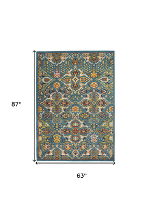 Homeroots 5' X 7' Blue Floral Power Loom Area Rug  Polypropylene 521672
