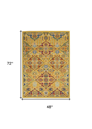 Homeroots 4' Yellow Floral Power Loom Area Rug - Elegant Rectangle Design For Warmth & Style In Your Home 4' X 6' Polypropylene 521677