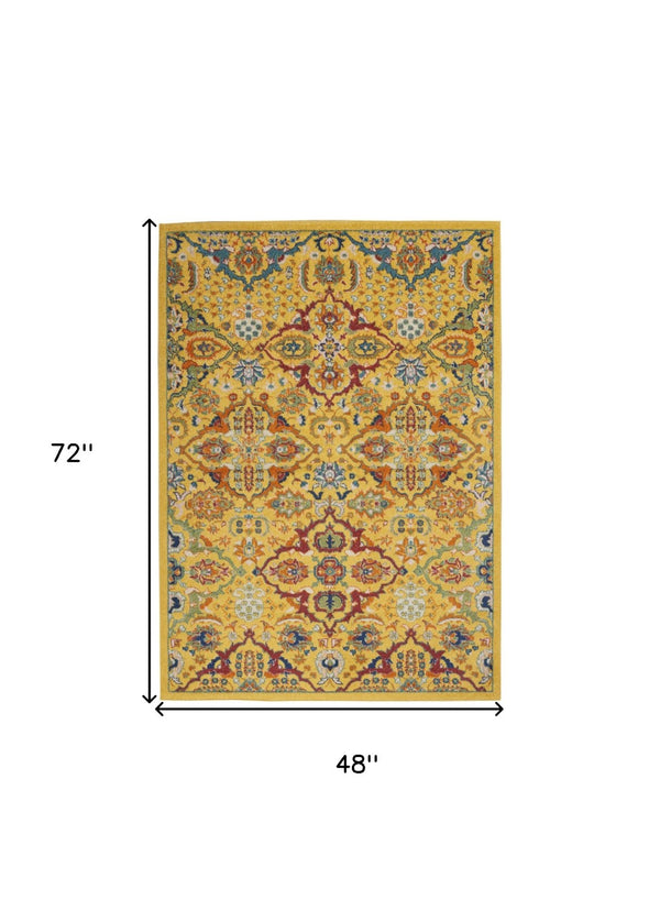 Homeroots 4' Yellow Floral Power Loom Area Rug - Elegant Rectangle Design For Warmth & Style In Your Home 4' X 6' Polypropylene 521677