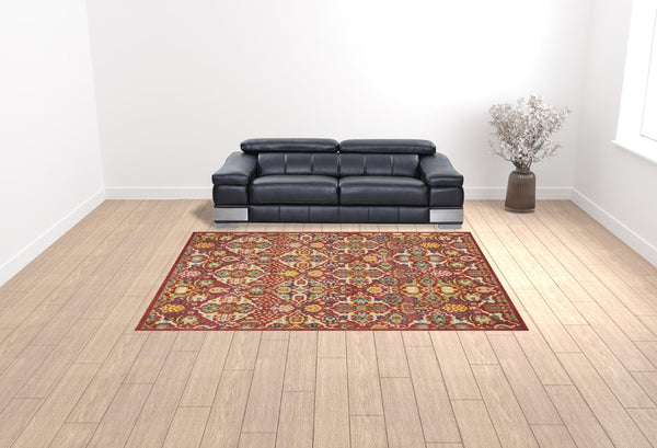 HomeRoots 5' Vibrant Red Floral Area Rug - Power Loomed with Durable Design for Stylish Bohemian Spaces 9' X 12' 521682