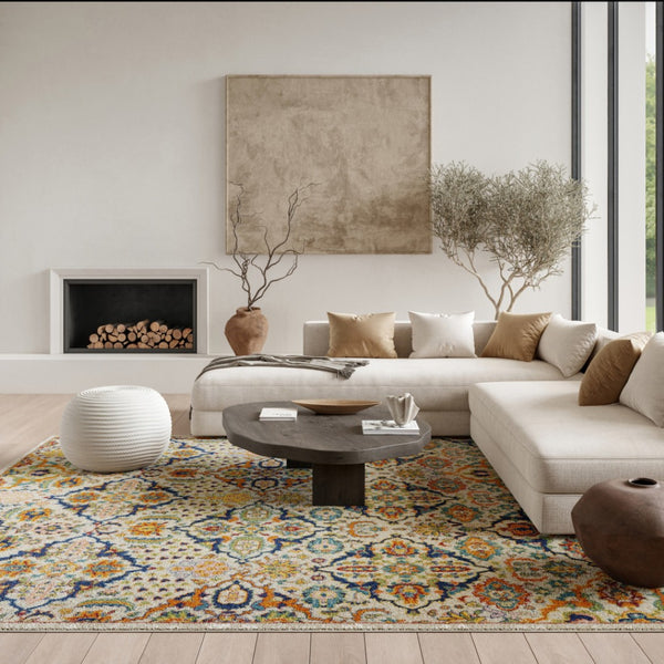 HomeRoots 7' Ivory Floral Power Loom Area Rug - Elegant Bohemian Style for Living Rooms & Bedrooms 6' X 9' Rectangle 521697