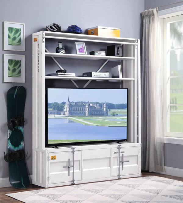 English Elm Cargo White Metal Bookcase w/Removable Ladder, 4 Open Compartments, 2 Doors, Cargo Container Style Lock B2726P285359